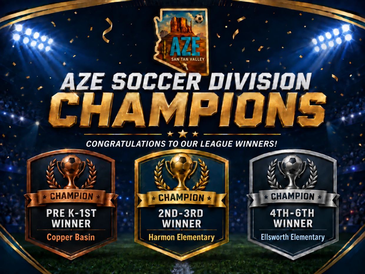 AZE Soccer Division Champions for different grade levels.