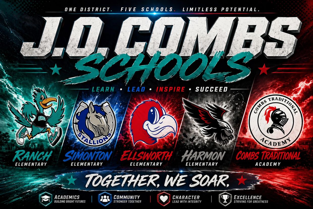 J.O. Combs Schools highlights five schools with their mascots and values.