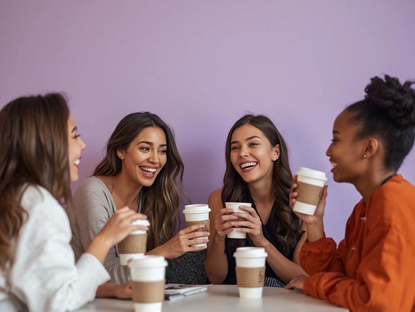 Four women smiling and chatting over coffee at a round table with a purple wall.