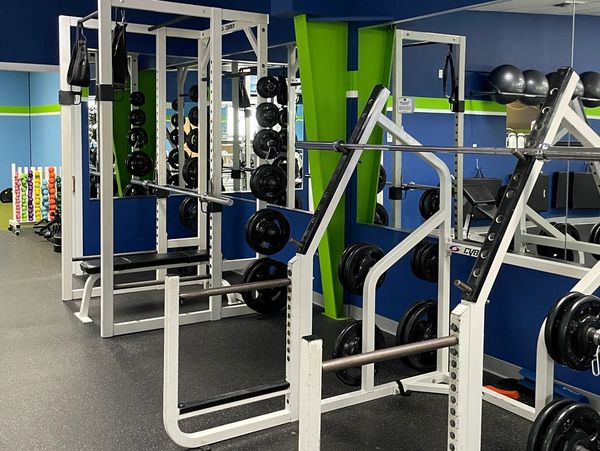 Well-equipped gym with weightlifting machines and free weights.