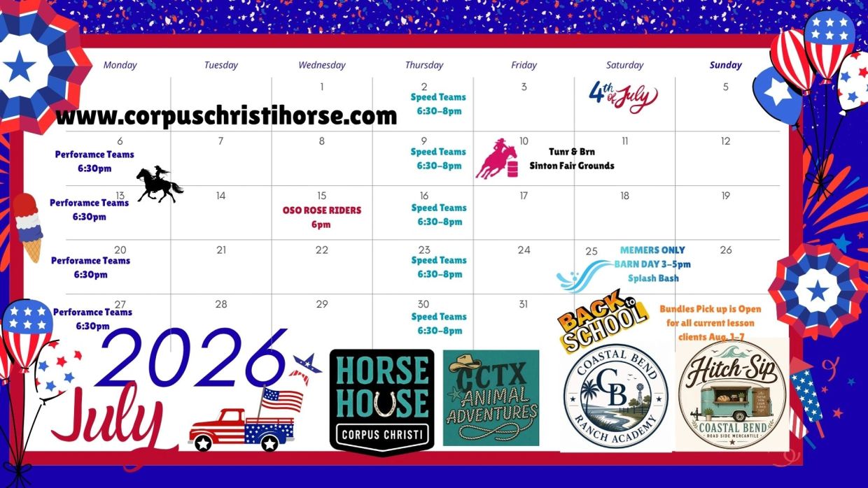 July 2026 horse riding and event calendar with patriotic theme.