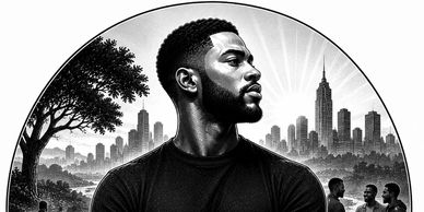 Black and white portrait of a confident man with a city skyline in the background.