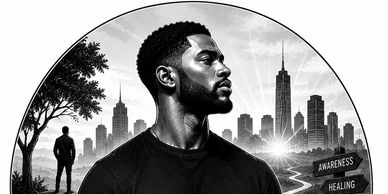 Black and white portrait of a man with city skyline and symbolic signs in the background.