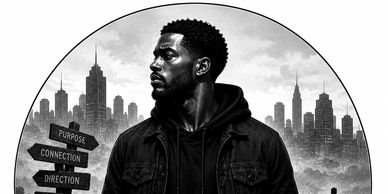 A man looks to the side with a city skyline and directional signs in the background.