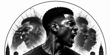Dynamic artwork showing a man shouting with multiple expressive faces in the background.