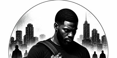 Black and white illustration of a serious man with a city skyline background.