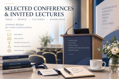 Conference setup with podium, chairs, and materials on intercultural dialogue and education.