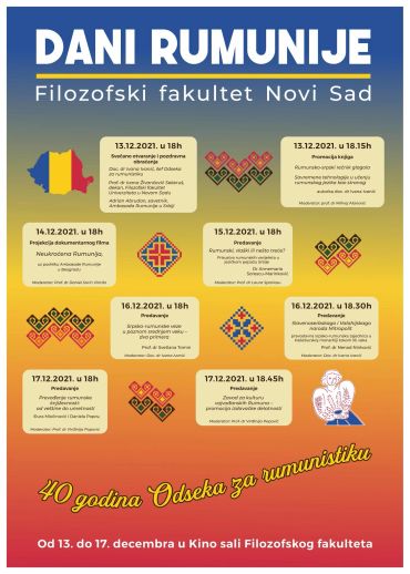 Poster for Dani Rumunije events at Novi Sad Philosophy Faculty.