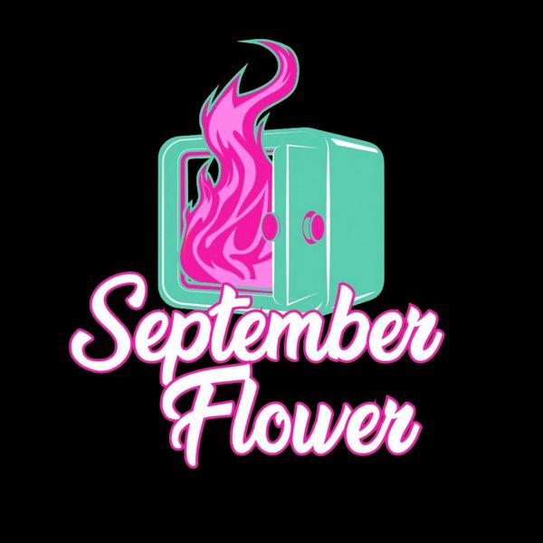 A teal oven with pink flames and the words "September Flower" in pink and white.