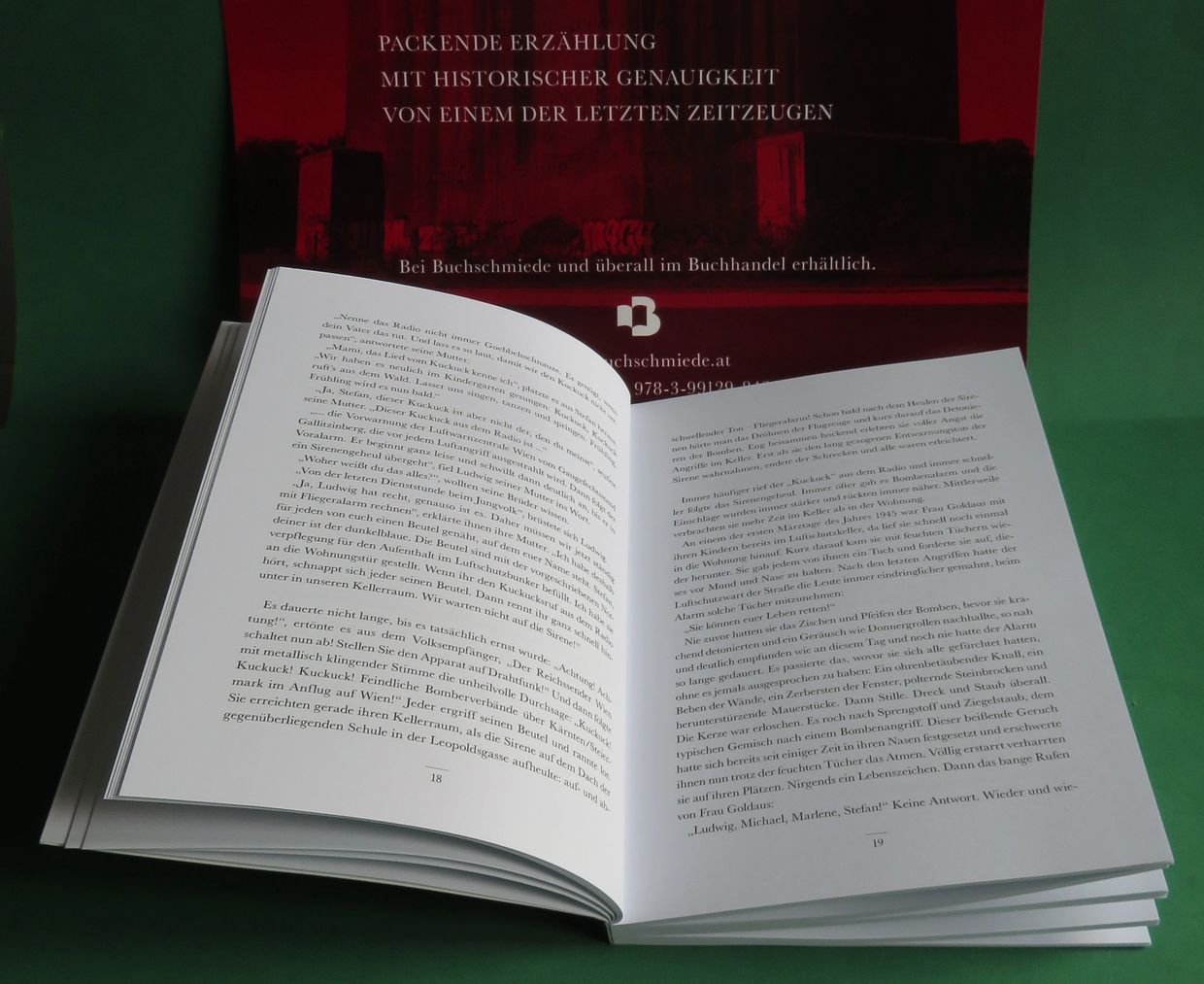 Open German book with text, resting on a green surface, red background.