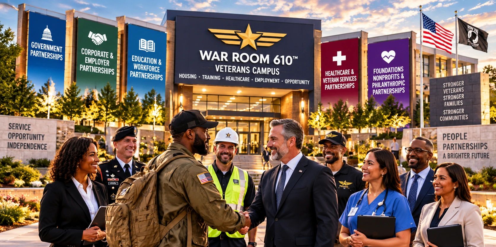 Group of professionals and a veteran shaking hands at War Room 610 Veterans Campus.