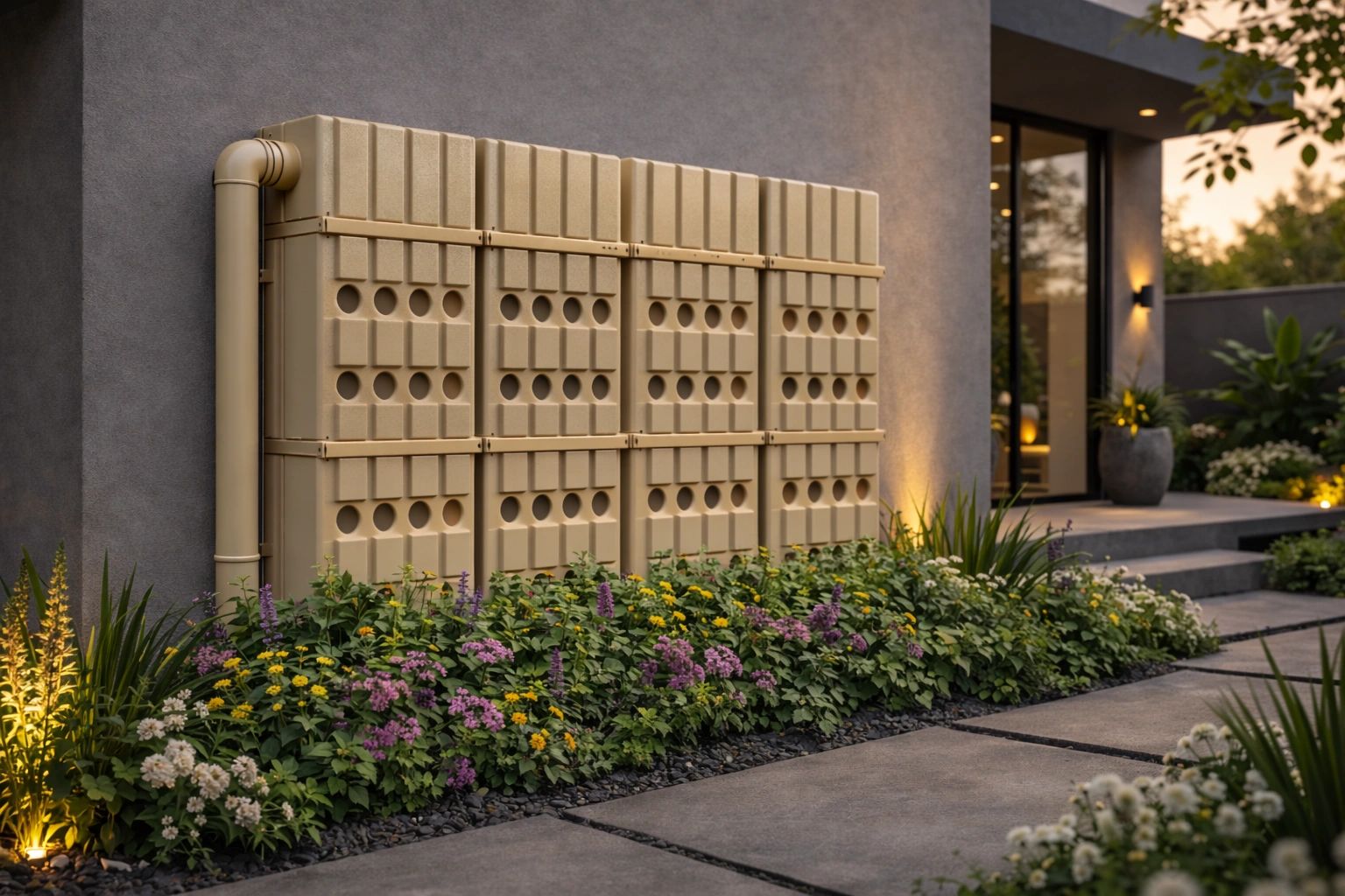Modern beige water storage tanks attached to a gray house wall with a flowerbed in front.