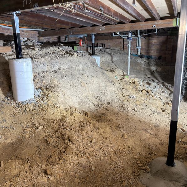Crawl space with exposed soil and support beams.