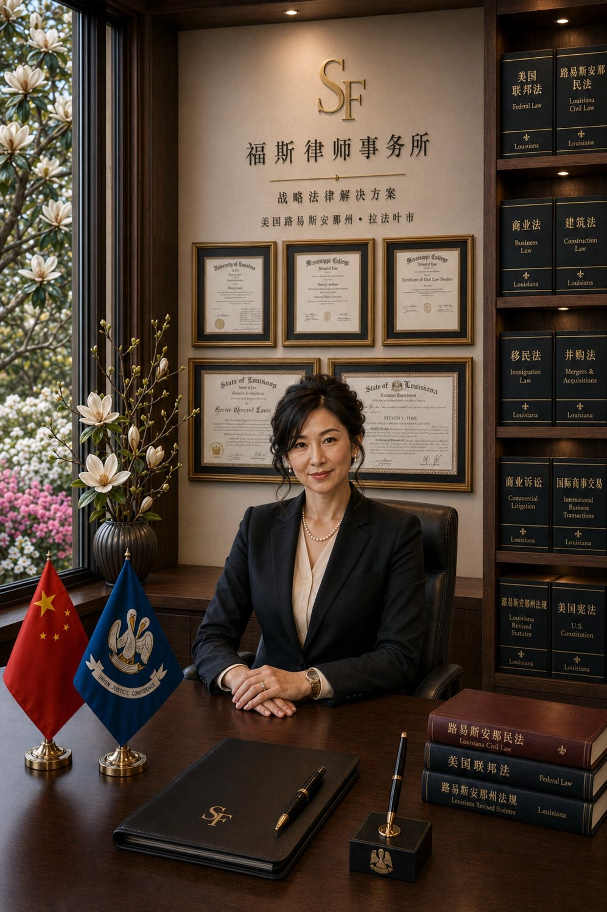 Confident female lawyer in an elegant office with legal books and diplomas.
