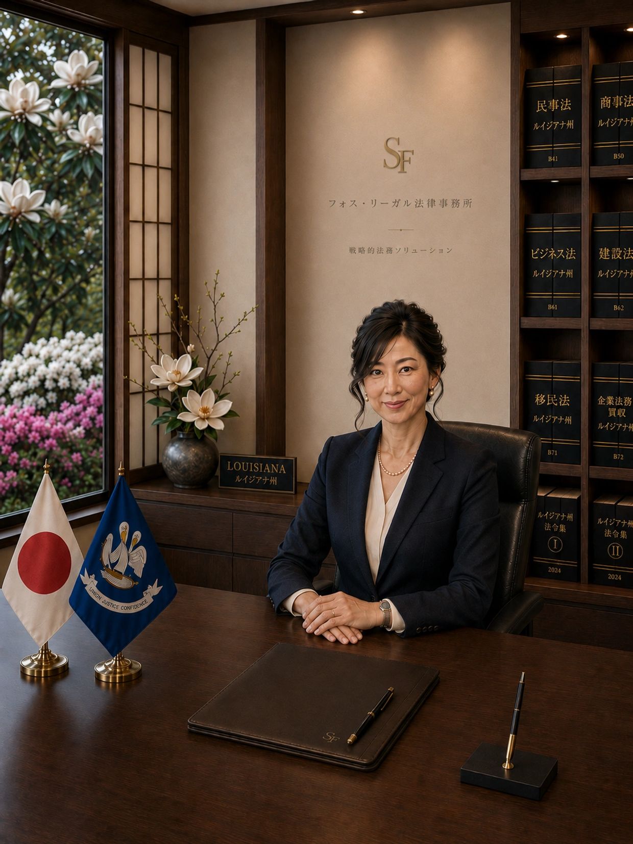 Professional woman lawyer at a polished desk with Japanese and Louisiana flags.
