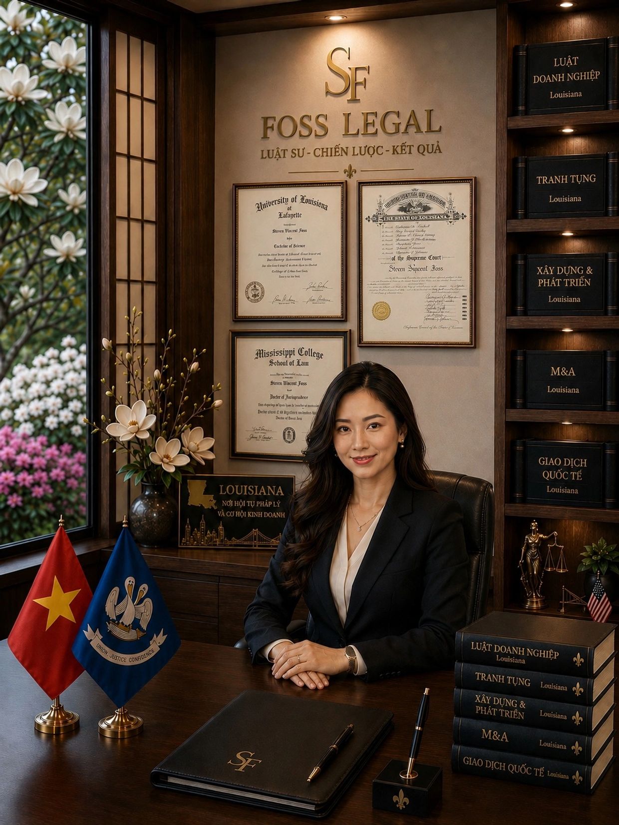 Professional woman lawyer in a well-decorated office with legal diplomas and flags.