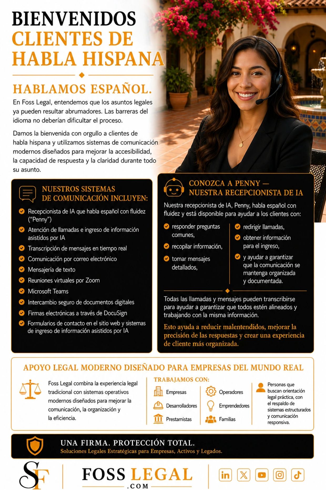 Foss Legal ofrece servicios legales en español con asistencia de IA para clientes hispanohablantes.
