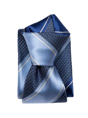 Elegant blue silk necktie with striped and textured patterns.
