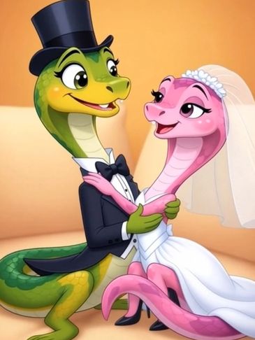 Cartoon snakes dressed as a bride and groom on their wedding day.