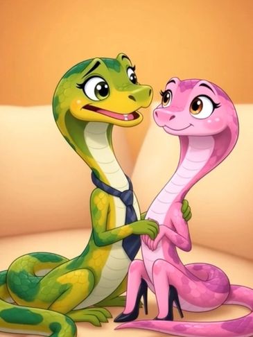 Two cute cartoon snakes, one green and one pink, smiling and holding hands while sitting together, d