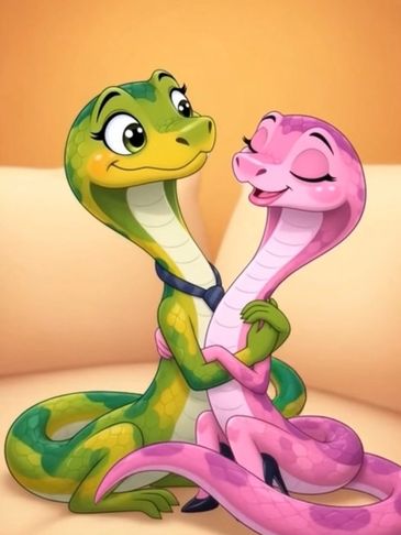 Two cartoon snakes hugging affectionately with joyful expressions.
