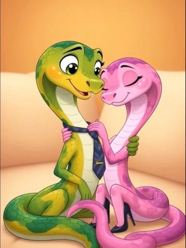 Two cartoon snakes embracing lovingly, one green and one pink.