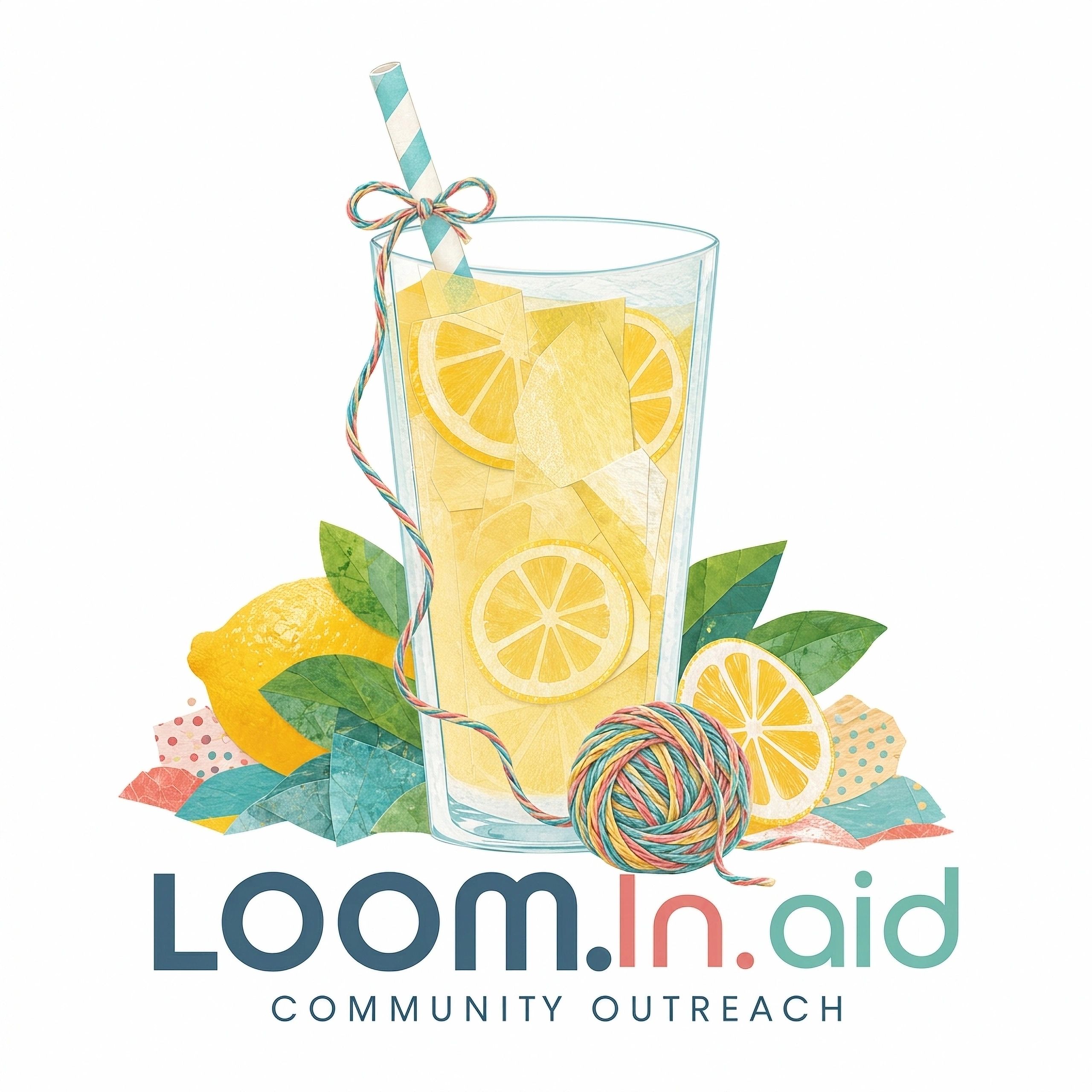 Illustration of a lemon drink with a colorful straw and yarn, featuring "Loom.In.Aid" community outreach.
