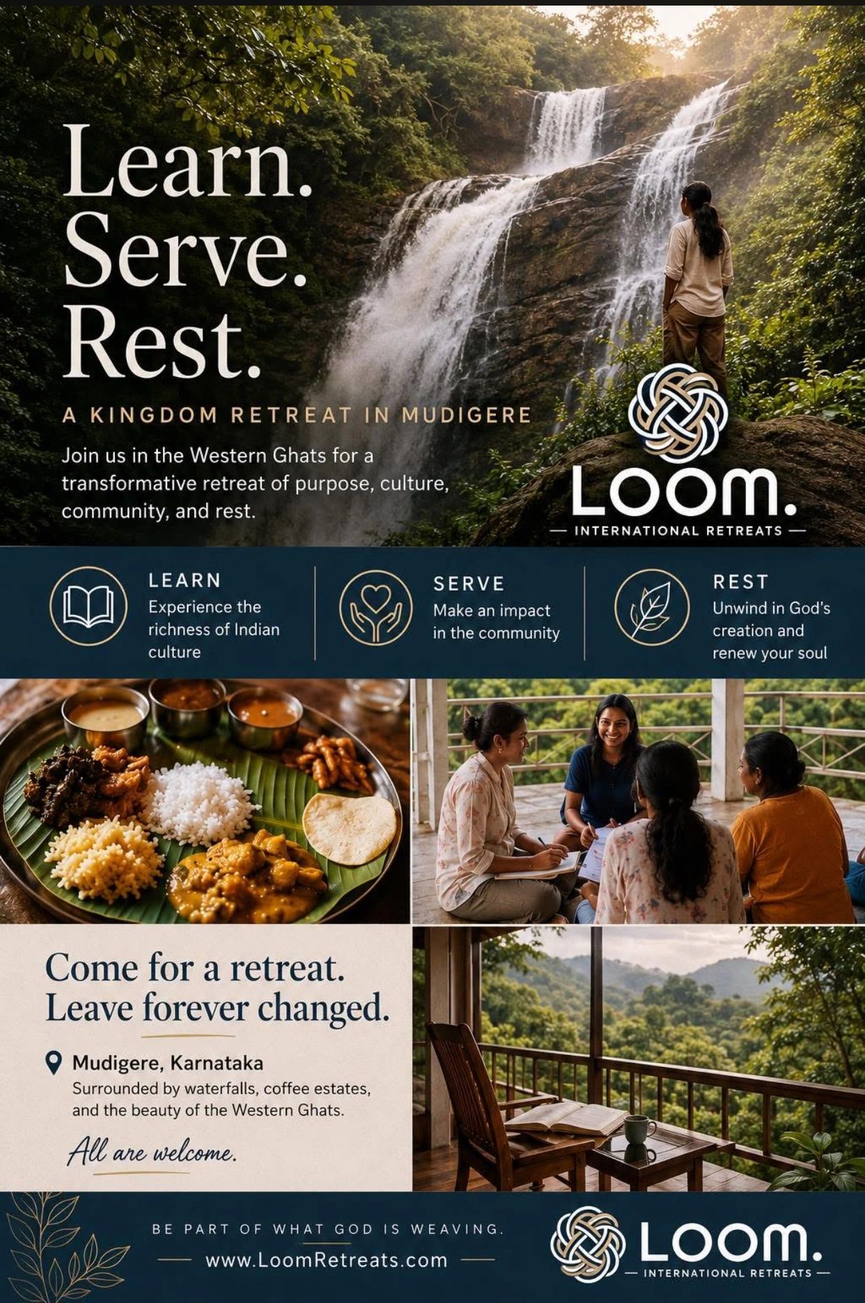 A promotional poster for Loom retreats in Mudigere, Karnataka.