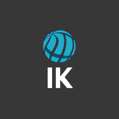 Blue basketball logo above white letters 'IK' on a dark background.