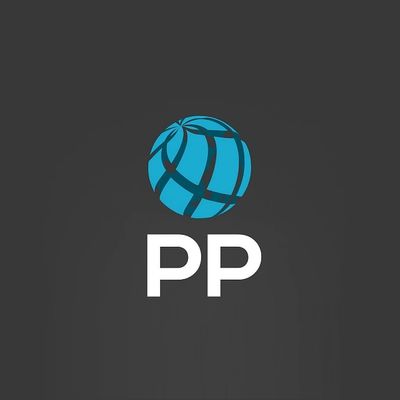 Blue globe icon above white PP letters on dark background.