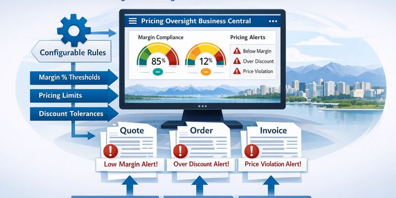 Business pricing oversight dashboard with alerts for margins, discounts, and violations.