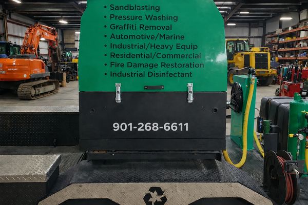 Industrial cleaning equipment listing various heavy-duty services inside a workshop.