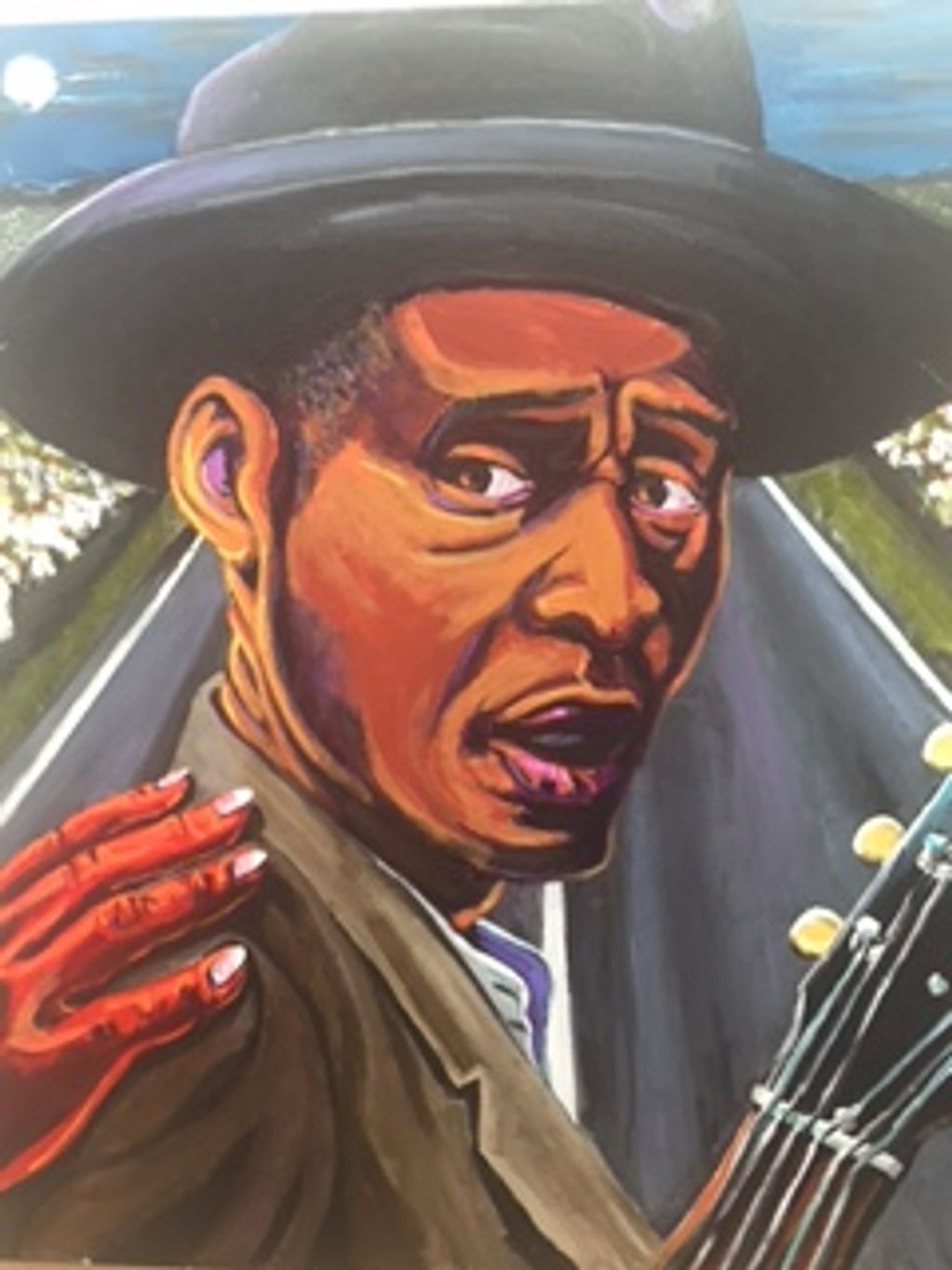 Painting of Robert Johnson meeting the devil at the crossroads for sale

