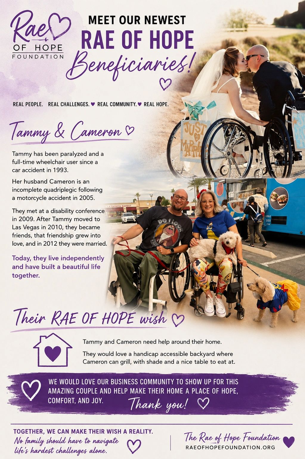 Introduction to Tammy and Cameron, wheelchair users and Rae of Hope Foundation beneficiaries.