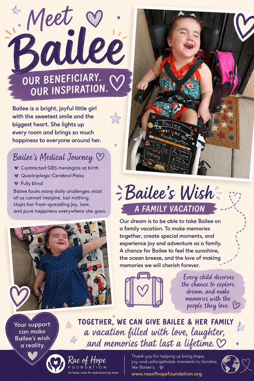 Bailee, a joyful girl with cerebral palsy, wishes for a family vacation.
