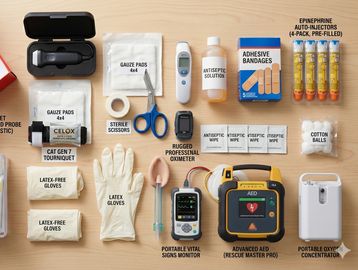 A neatly arranged collection of emergency medical supplies and devices on a wooden surface.