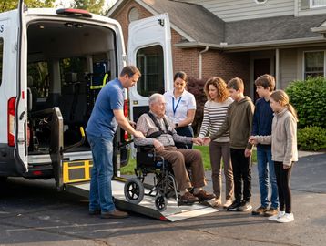 Elderly man in wheelchair greeted by family after assisted transport.