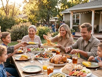 Family enjoying a sunny outdoor meal together with various dishes.