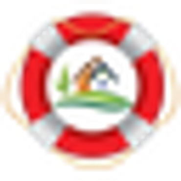 Red and white life preserver with a colorful logo in the center.