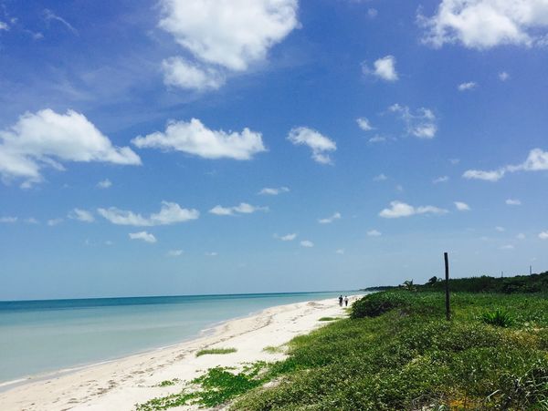 Playa tranquila con cielo azul y algunas nubes.