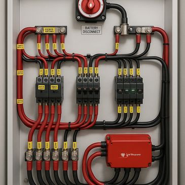 Neatly organized battery disconnect panel with labeled red and black cables.