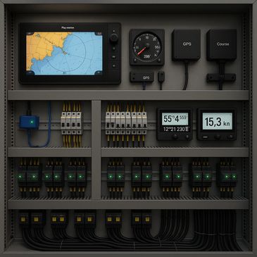 Control panel with navigation and electrical components showing GPS and speed.