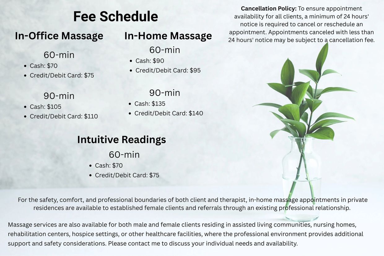 Fee schedule for massage and intuitive readings with cancellation policy.