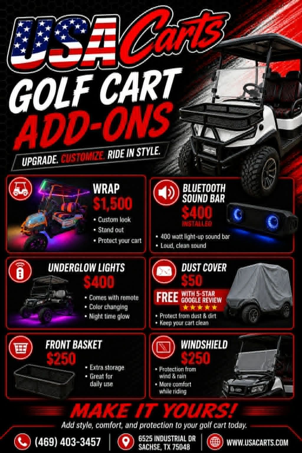 Golf cart add-ons from USA Carts including wraps, sound bars, lights, covers, and baskets.