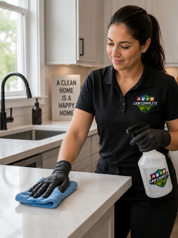 Woman cleaning kitchen counter with cloth and spray bottle.