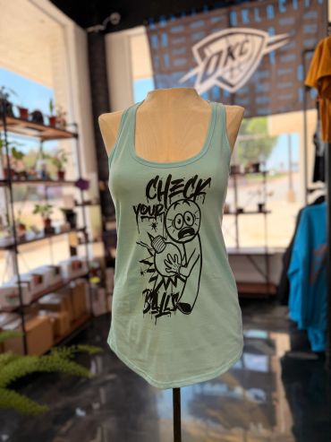 Light green tank top with a cartoon graphic and text.