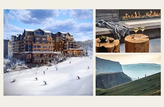 Skiers descend a snowy slope beside a cozy lodge with fire and wine.