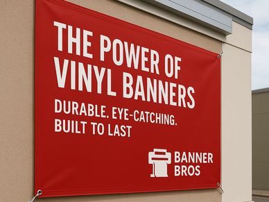 Custom red vinyl banner reading 'The Power of Vinyl Banners – Durable, Eye-Catching, Built to Last' 