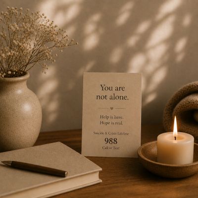 A comforting card with suicide hotline info, a lit candle, notebook, and dried flowers in a cozy setting.