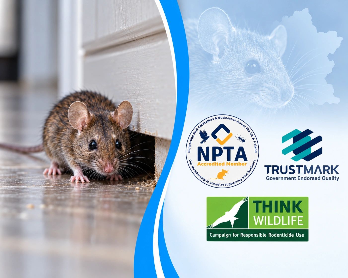 Close-up of a brown rat near a wall with pest control logos.